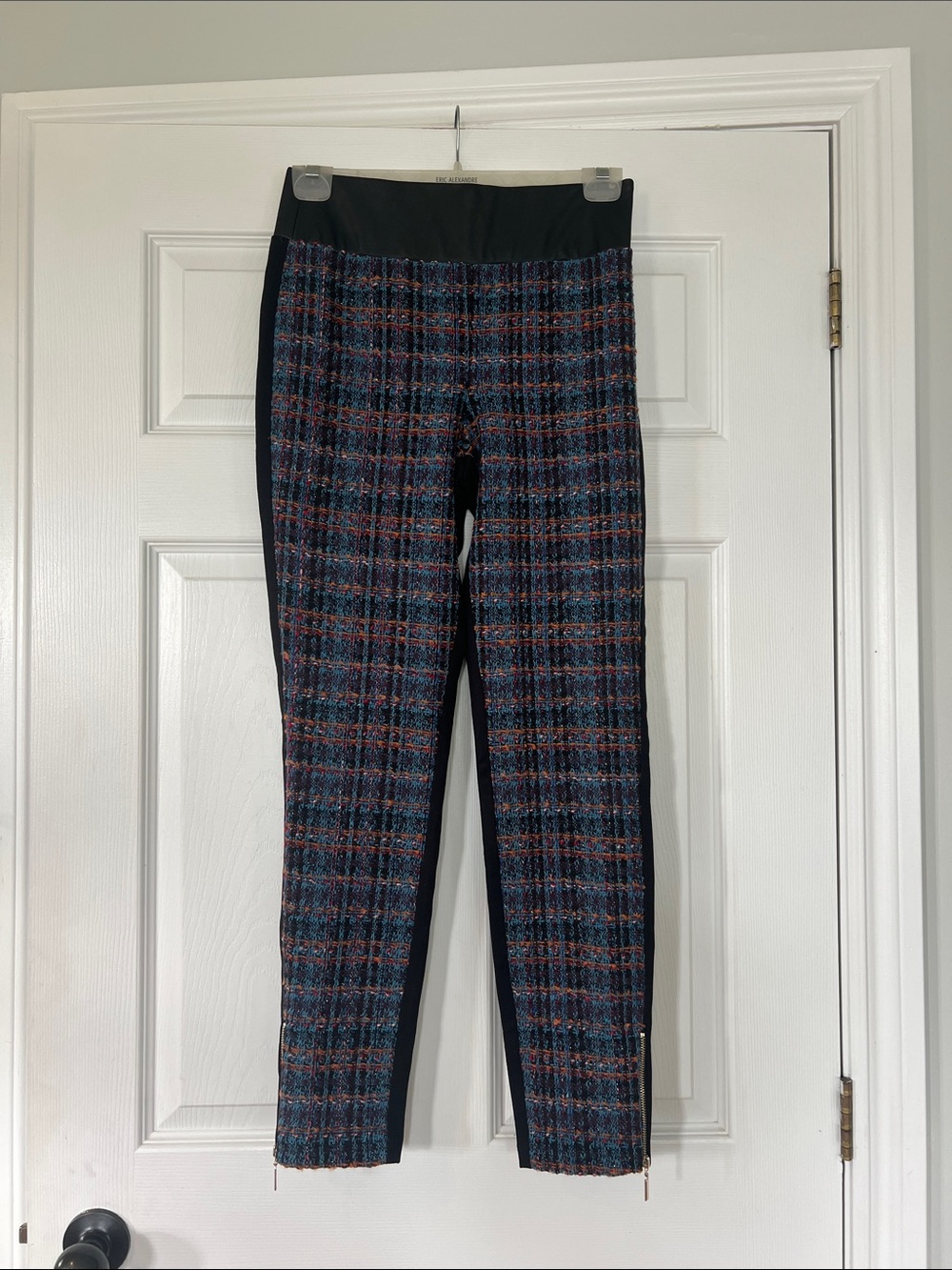 Slim Plaid Pull-On Pants with Navy Side Panels